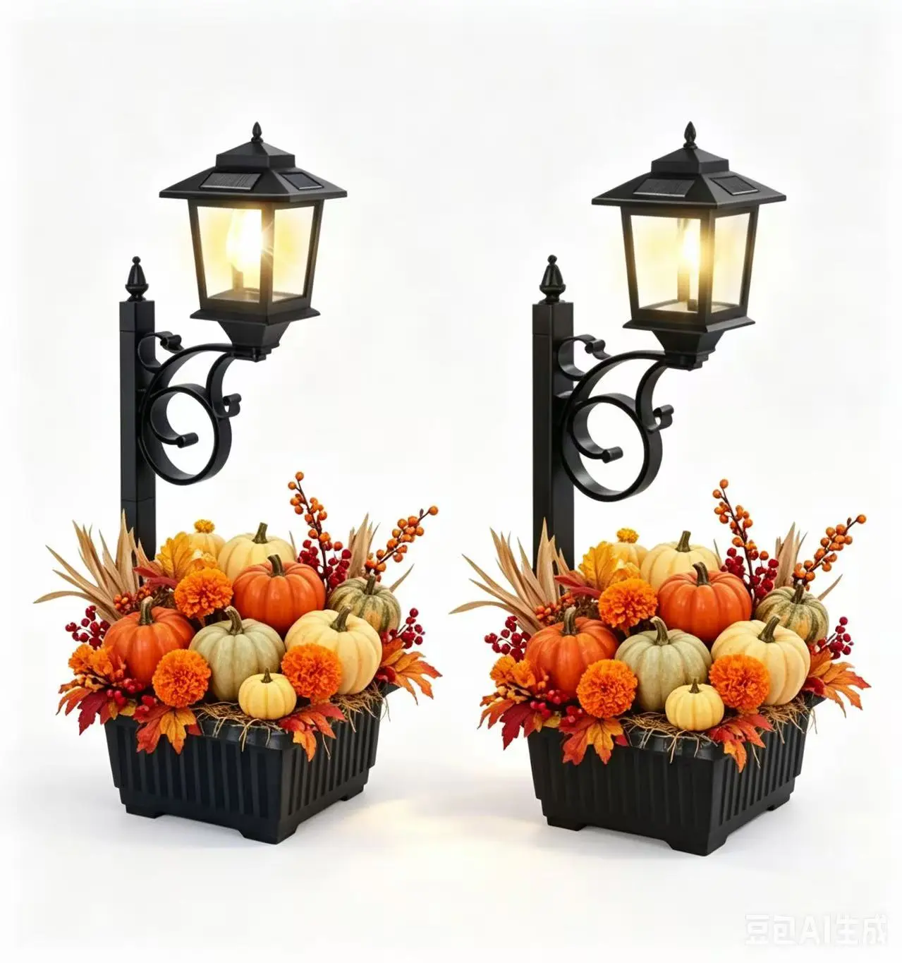 Two solar lamp post lights with planter bases