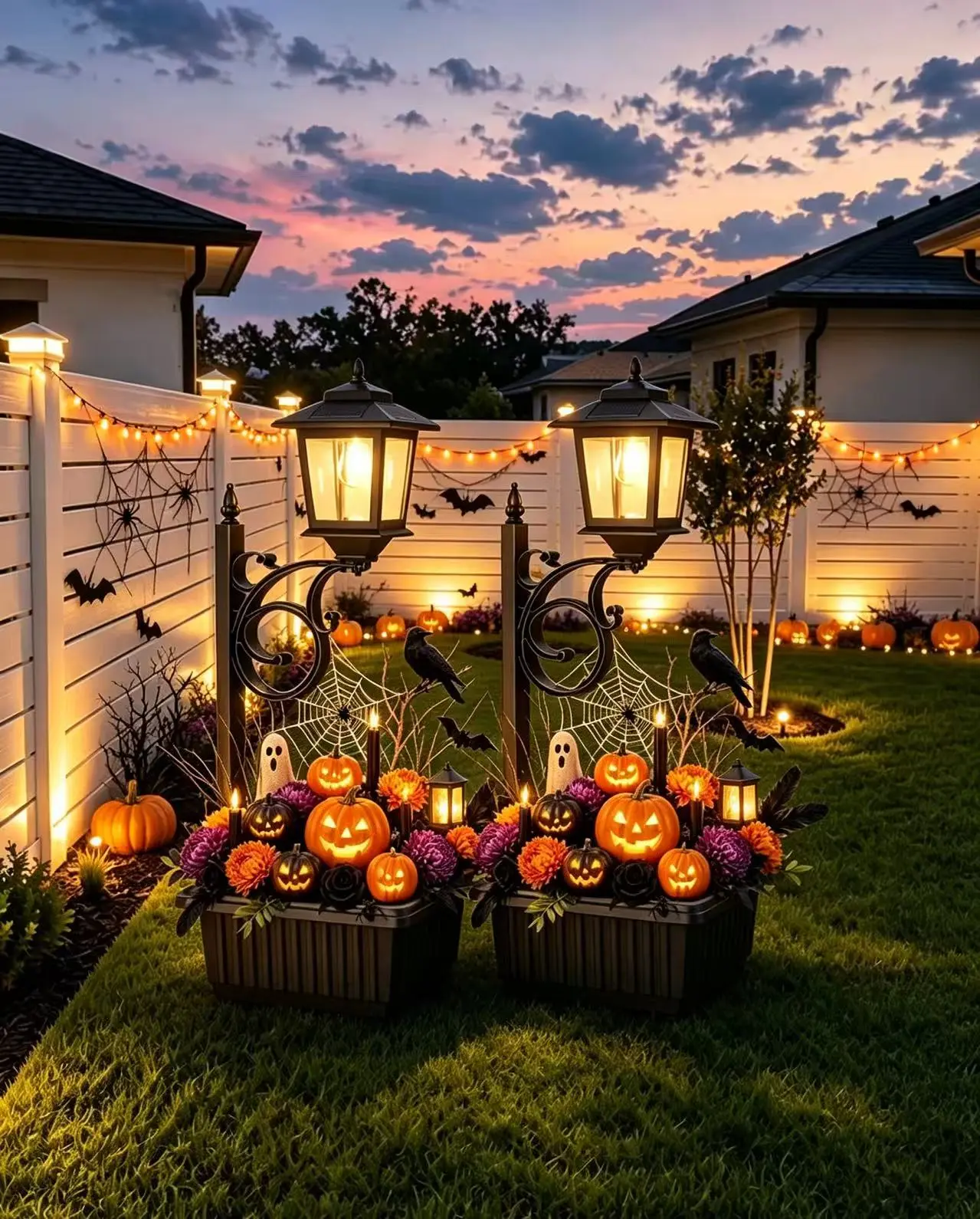 Solar planter lamp posts used for Halloween outdoor decorations